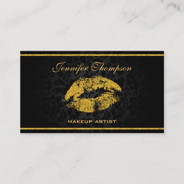 Black Damasks Gold Lips Business Card (Front)