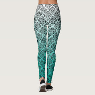 Black damasks on white to green ombre leggings