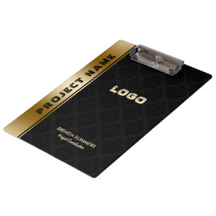 Black Damasks Pattern Gold Stripe Accent Clipboard