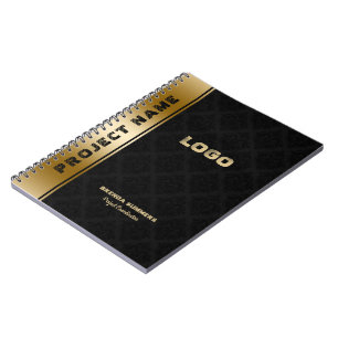 Black Damasks Pattern Gold Stripe Accent Notebook