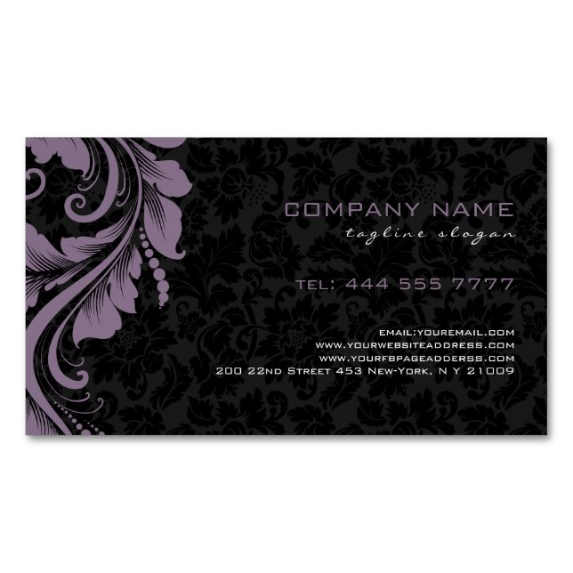 Black Damasks & Purple Floral Ornament Magnetic Business Card (Front)