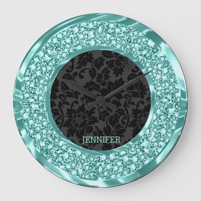 Black Damasks Sparkling Green Diamonds Glitter Large Clock (Front)