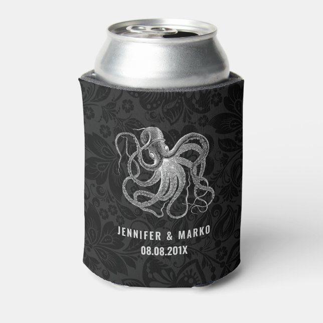 Black Damasks With Nautical Boat Anchor Can Cooler (Can Back)