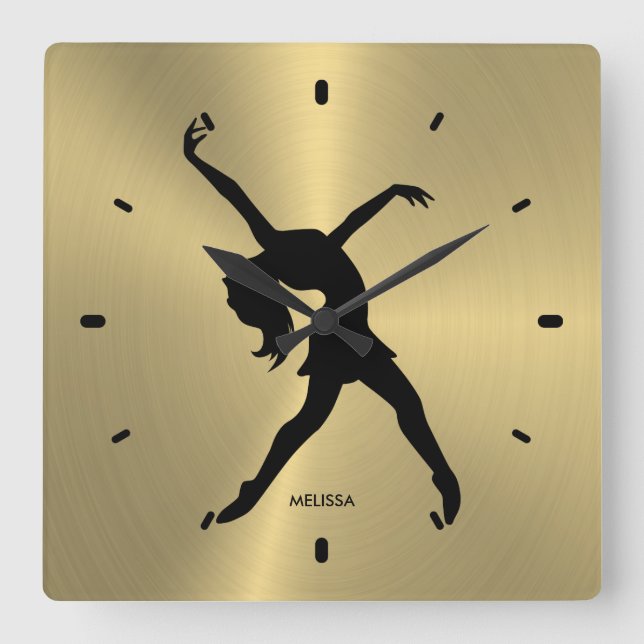 Black Dancer Silhouette On Metallic gold backgroun Square Wall Clock (Front)