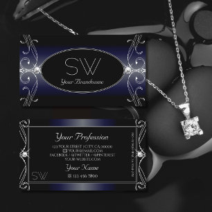 Black Dark Blue Ornate Sparkling Diamonds Initials Business Card