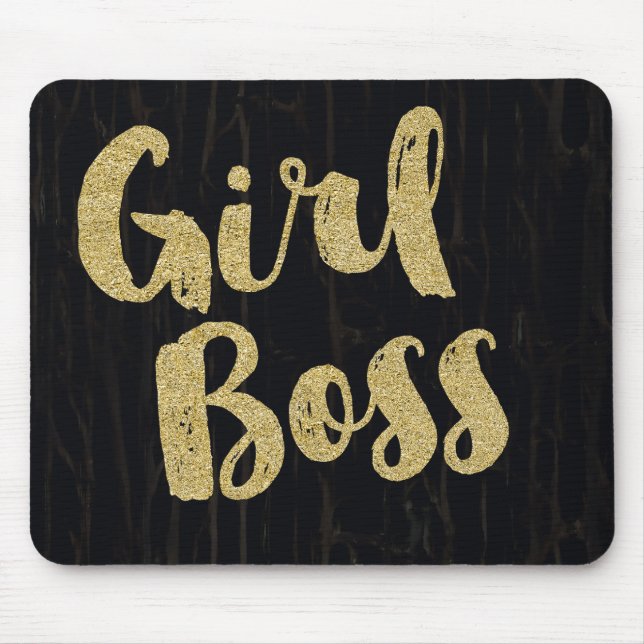Black Dark Cracked Wood GIRL BOSS Faux Gold Office Mouse Pad (Front)