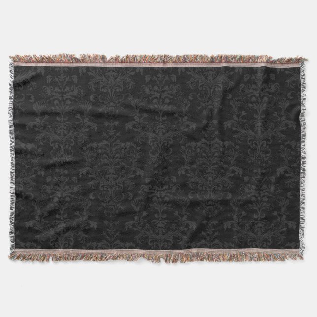 Black Dark Fanchy Chic Damask Pattern Throw Blanket (Front)