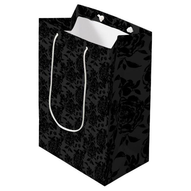 Black Dark Fanchy Chic Roses Pattern Medium Gift Bag (Front Angled)