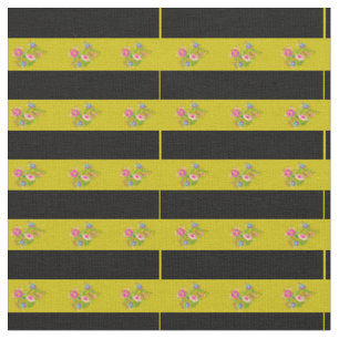 Black, dark gold folk flower stripe fabric