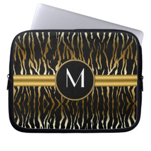 Black Dark Gold Zebra Print Monogram Laptop Sleeve