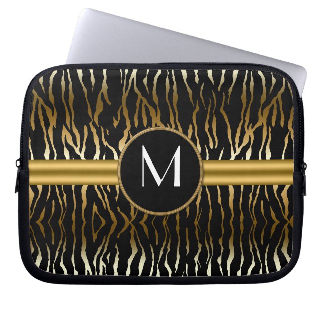 Black Dark Gold Zebra Print Monogram Laptop Sleeve (Front)