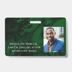 Black & Dark Green Marble Hello Behind the Mask ID Badge
