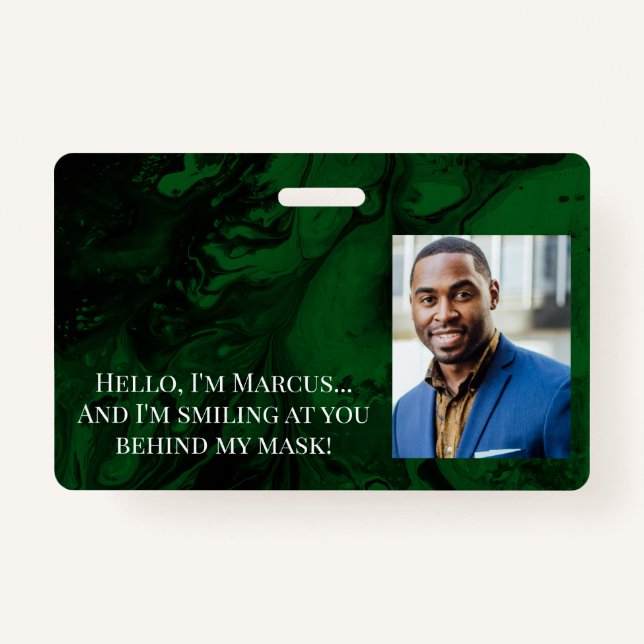 Black & Dark Green Marble Hello Behind the Mask ID Badge (Front)