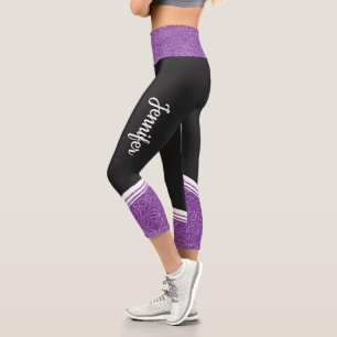 Black & dark lavender floral white stripe and name capri leggings