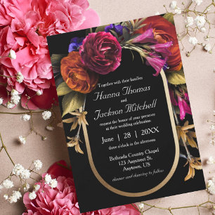 Black Dark Moody Elegant Floral Autumn Wedding Invitation