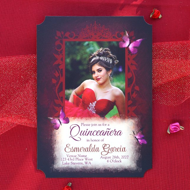 Black, Dark Red, Violet Butterflies Quinceanera Invitation (Dark Red, Burgundy Quinceanera Invitation)
