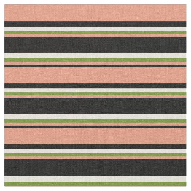 Black, Dark Salmon, Green & Beige Lined Pattern Fabric (Close Up)