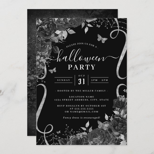 Black Dark Spooky Floral Scroll Halloween Party  Invitation (Front/Back)