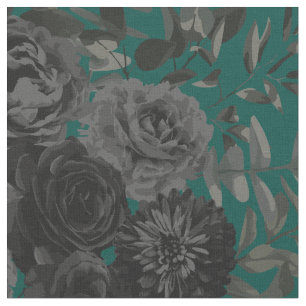 Black Dark Turquoise Gothic Rose Floral Fabric