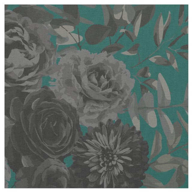 Black Dark Turquoise Gothic Rose Floral Fabric (Close Up)