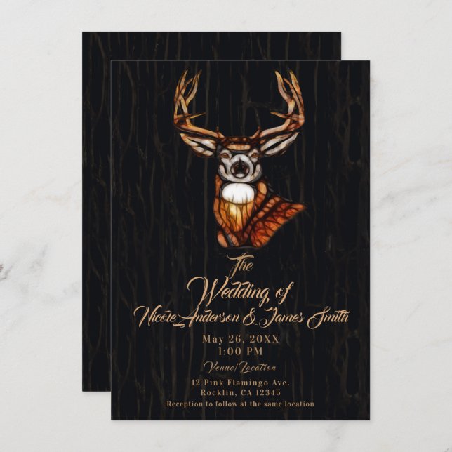 Black Dark Wooden Wood Deer Rustic Country Wedding Invitation (Front/Back)