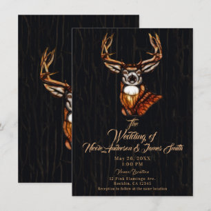 Black Dark Wooden Wood Deer Rustic Country Wedding Invitation