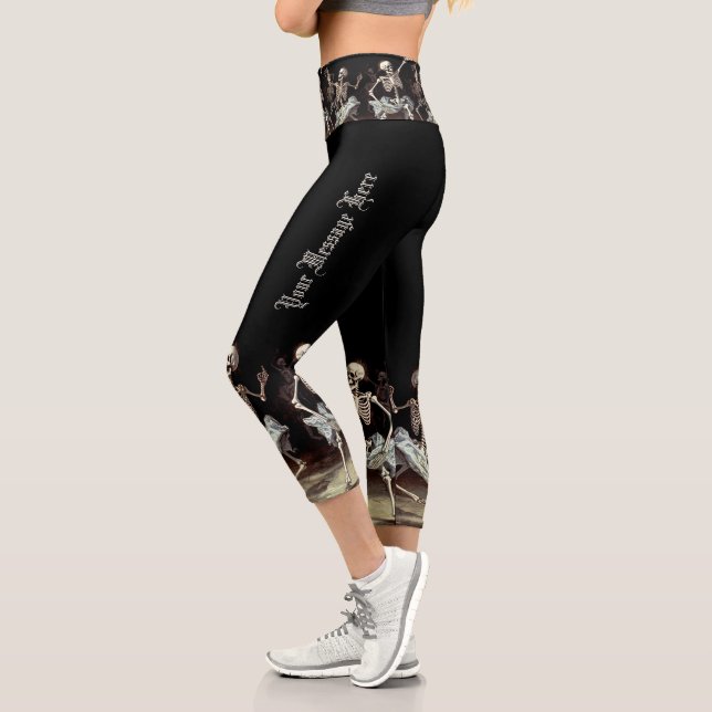 Black Death Dancing Skeletons Halloween Capri Leggings (Left)