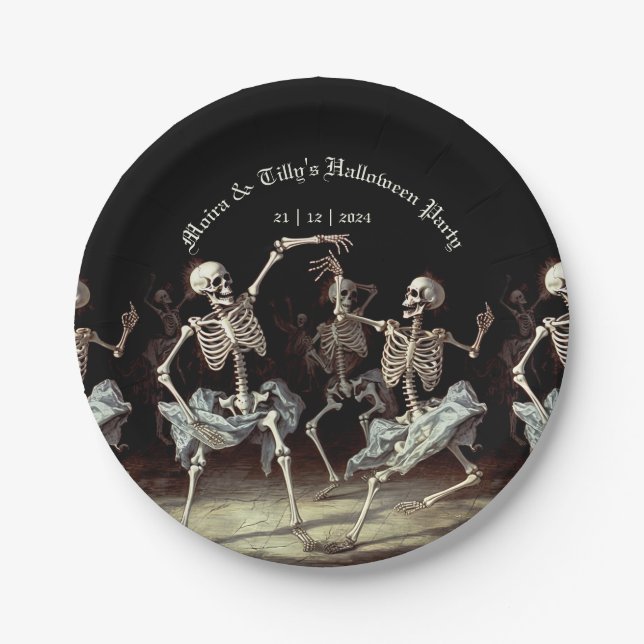 Black Death Dancing Skeletons Halloween Paper Plate (Front)