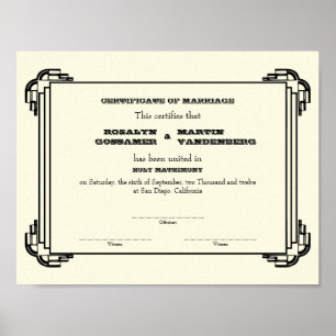 Black Deco frame keepsake wedding certificate ecru Poster