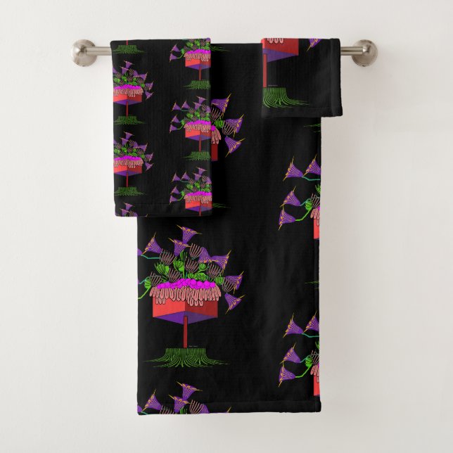 Black Deco Potted Flowers  Bath Towel Set (Insitu)