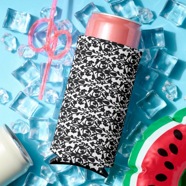 Black decorative damask pattern white seltzer can cooler (In Situ Summer)