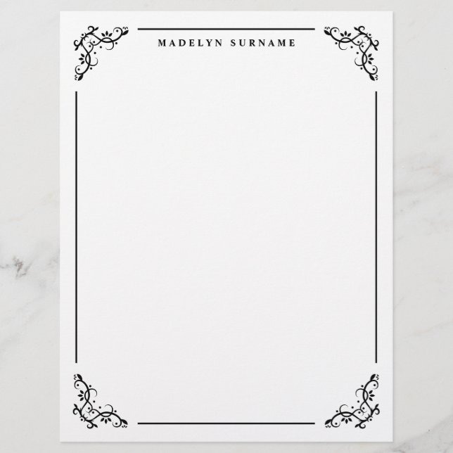 Black Decorative Ornate Swirl Frame And Name Custom Letterhead (Front)