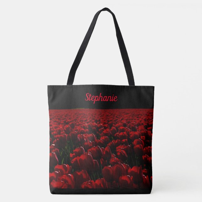 black & deep burgundy red, flowers, your name tote bag (Front)