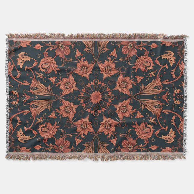 Black & Deep Orange Floral Damask Throw Blanket (Front)