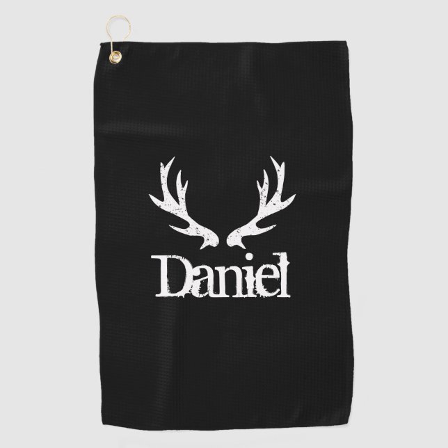 Black deer antler logo custom name golfing gift golf towel (Front)