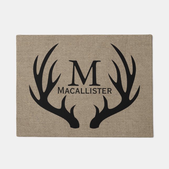 Black Deer Buck Antlers & Faux Burlap Family Name Doormat (Front)