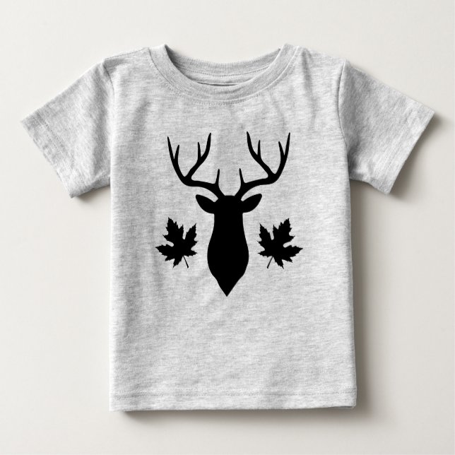Black Deer Buck Silhouette Maple Leaf Baby T-Shirt (Front)