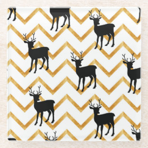 Black deer, gold texture pattern. glass coaster