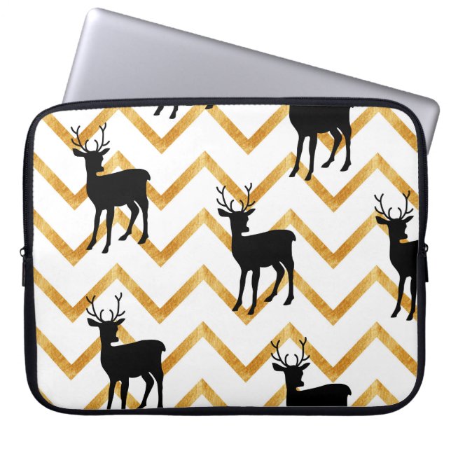 Black deer, gold texture pattern. laptop sleeve (Front)