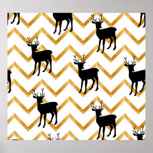 Black deer, gold texture pattern. poster