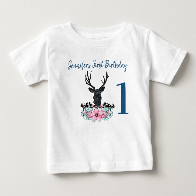 Black Deer Head Pink Flowers & Mountains Birthday Baby T-Shirt (Front)