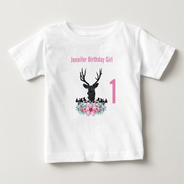 Black Deer Head Pink Flowers & Mountains Birthday Baby T-Shirt (Front)