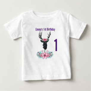 Black Deer Head w/ Pink Flower Bouquet Birthday Baby T-Shirt