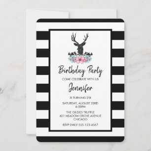 Black Deer Head w/ Pink Flower Bouquet Birthday Invitation