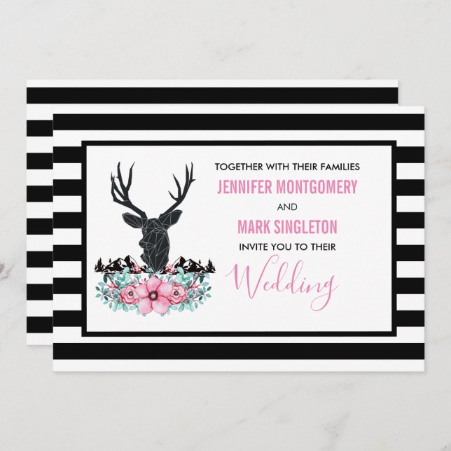 Black Deer Head w/ Pink Flowers & Mountain Wedding Invitation (Front/Back)