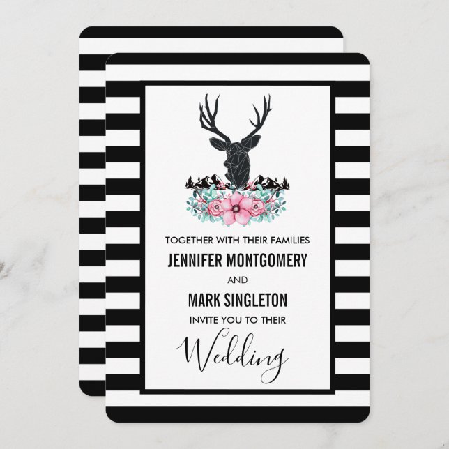 Black Deer Head w/ Pink Flowers & Mountain Wedding Invitation (Front/Back)