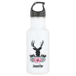 Black Deer Head w/ Pink Flowers & Mountains 532 Ml Water Bottle