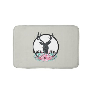 Black Deer Head w/ Pink Flowers & Mountains Bath Mat