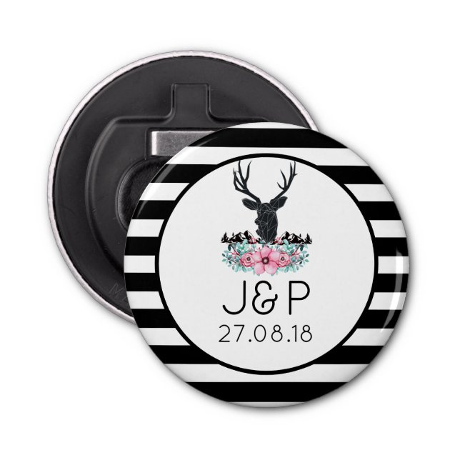 Black Deer Head w/ Pink Flowers & Mountains Bottle Opener (Front)