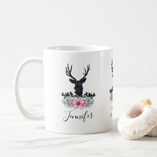 Black Deer Head w/ Pink Flowers & Mountains Coffee Mug